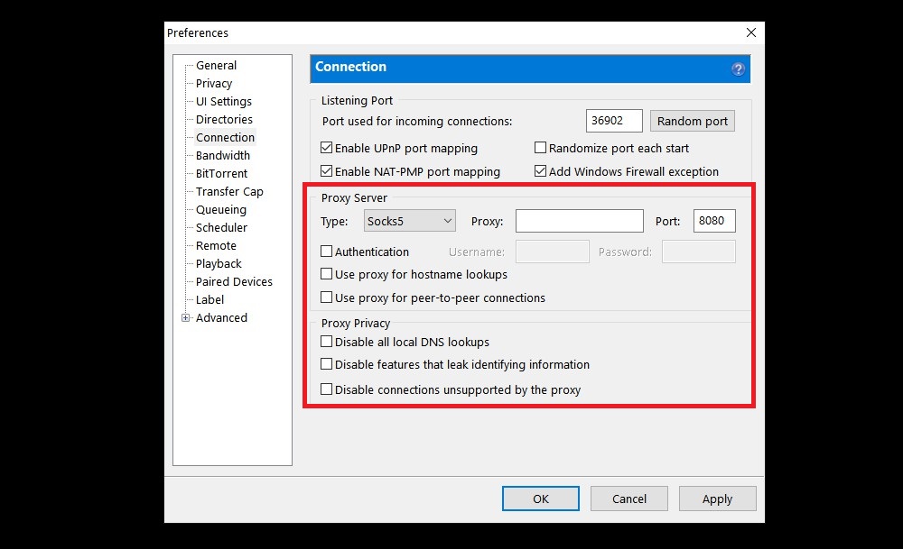 uTorrent SOCKS5 Proxy Settings