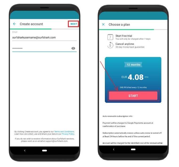 Surfshark Free Trial plan selection