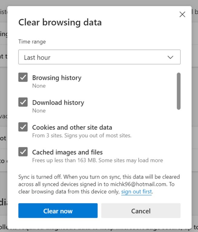 Clear Cache and Cookies in Edge