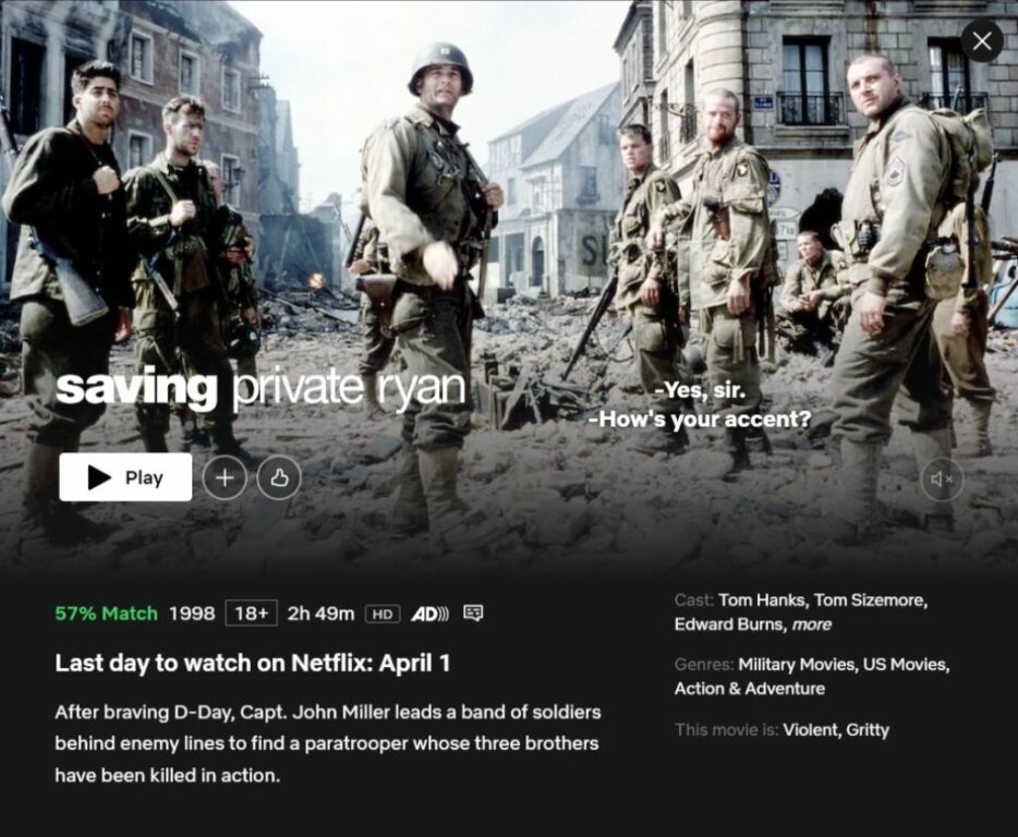 War Movies on Netflix - Private Ryan