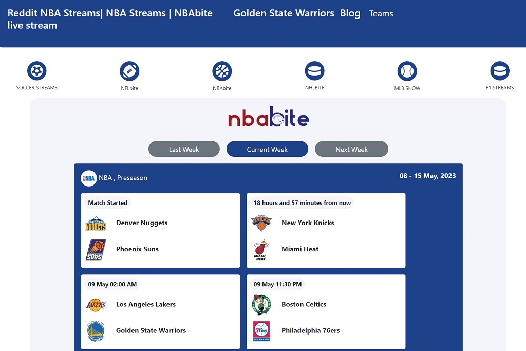 NBABite Live Stream provides access to live NBA games streams free of charge.