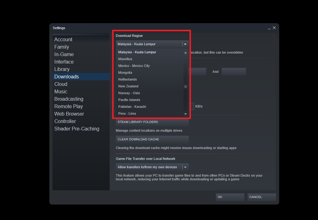 Choosing a close-by region to your location will help fix slow Steam download speeds.