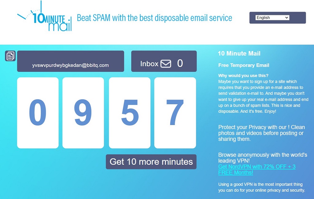 10MinuteMail is instant and anonymous.