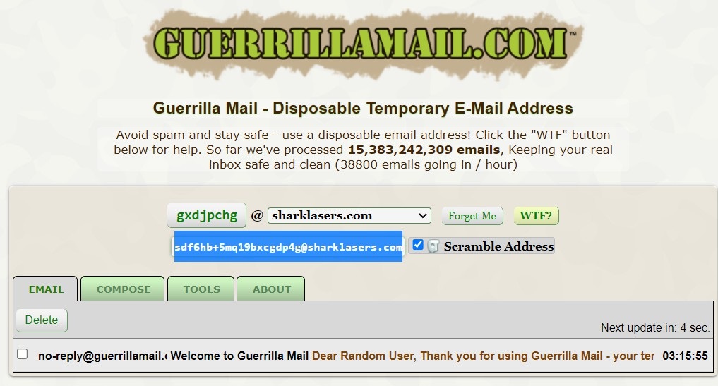 The Guerilla Mail interface looks like it came from the '90s.