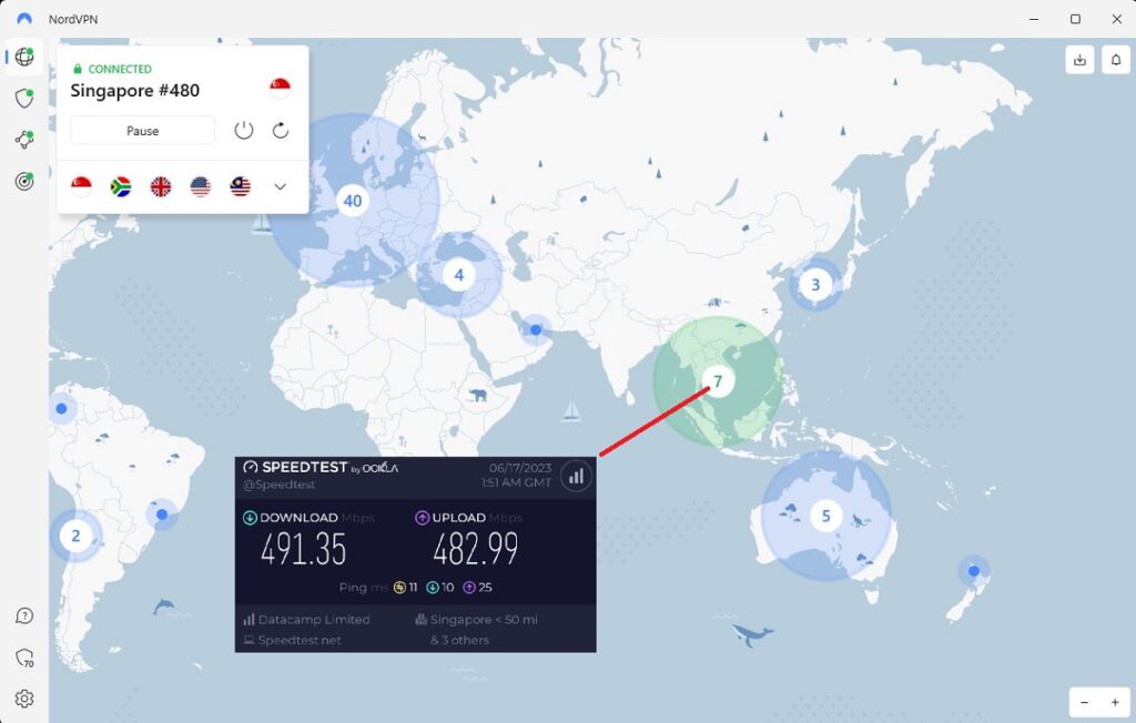 My NordVPN connection to a Singapore server shows blazing-fast speeds.