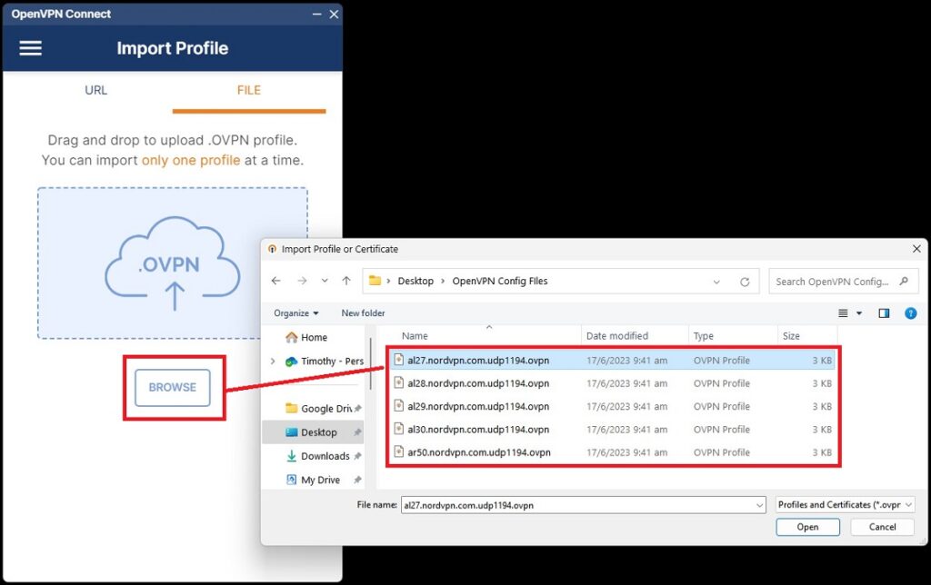 You must import individual configuration files for each VPN server in the OpenVPN client.