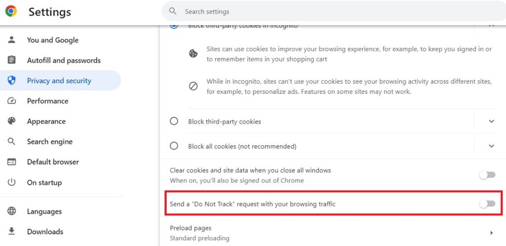 Enabling Do Not Track Signals in Google Chrome