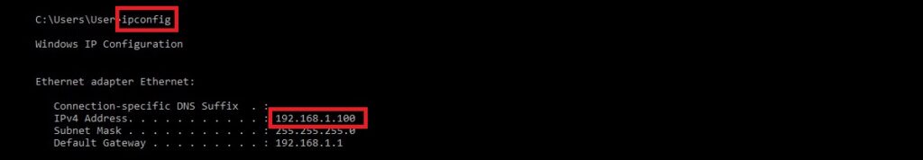 You can get your IP address by typing ipconfig at the command prompt.