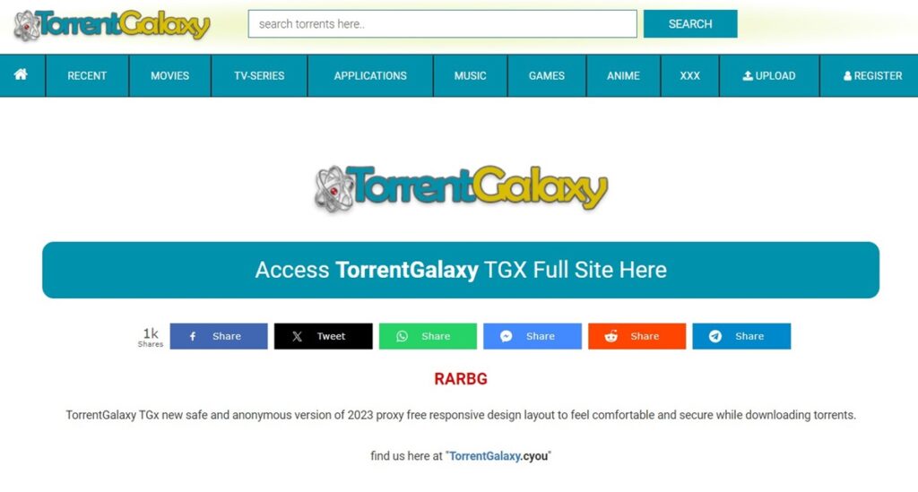The main TorrentGalaxy interface is clean and neat.