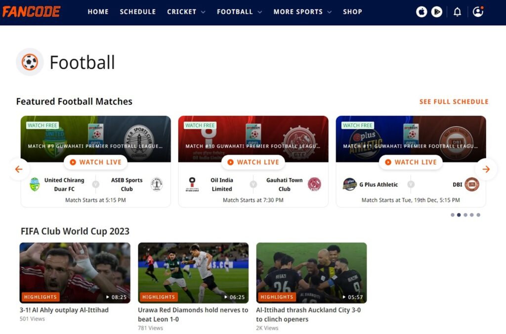 At FanCode, you get live streaming of diverse sports, including football, alongside news updates.