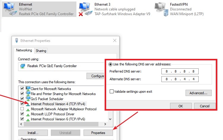 Changing to Google DNS Settings in Windows Network Properties