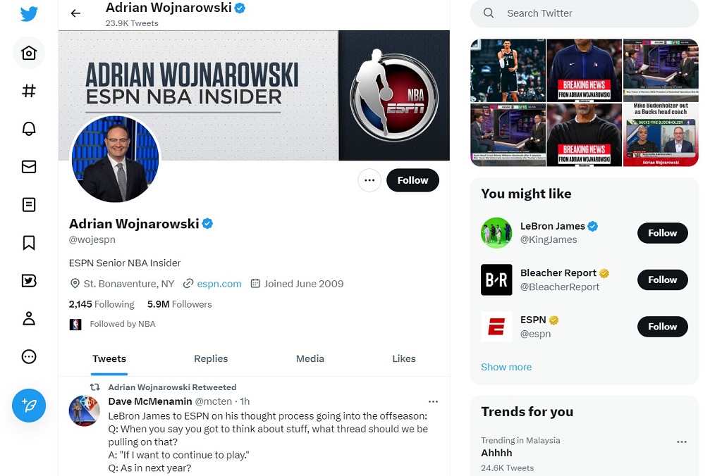 Adrian Wojnarowski's Twitter channel