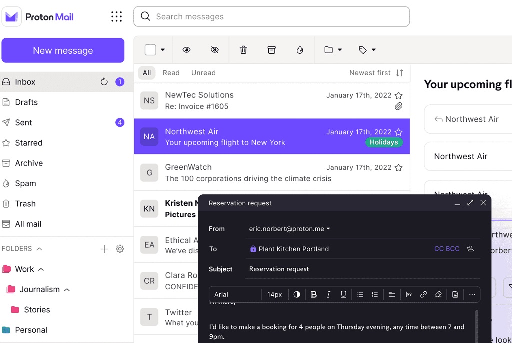 ProtonMail offers a modern interface rivaling that of mainstream providers.