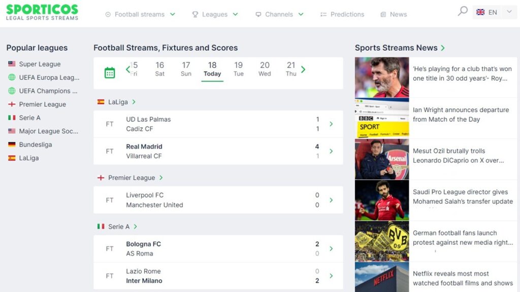 With legal streaming options and live scores, Sporticos is great for avid football enthusiasts.